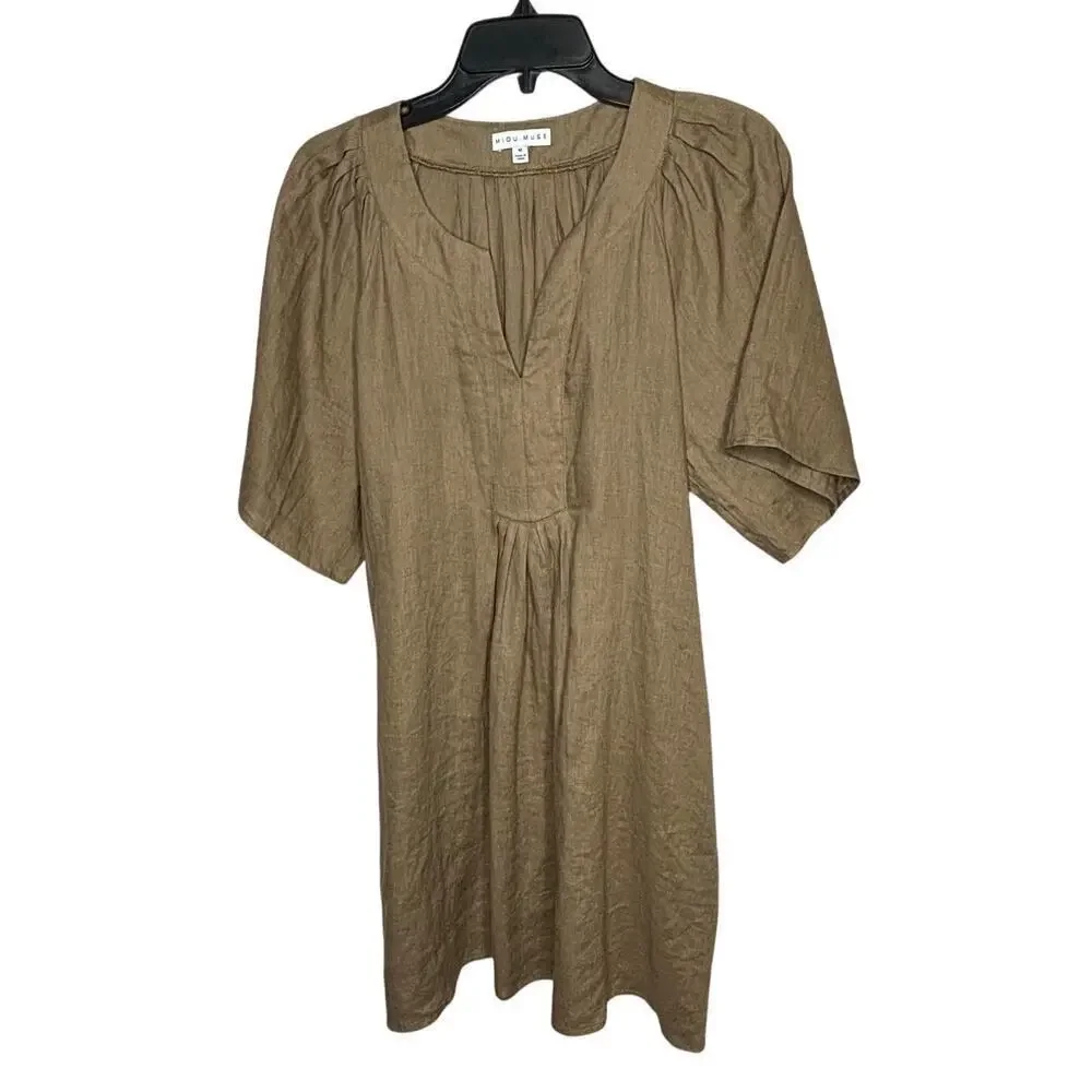 Miou Muse 100% Linen Brown Lagenlook Beachy Relaxed Casual Dress Size Medium